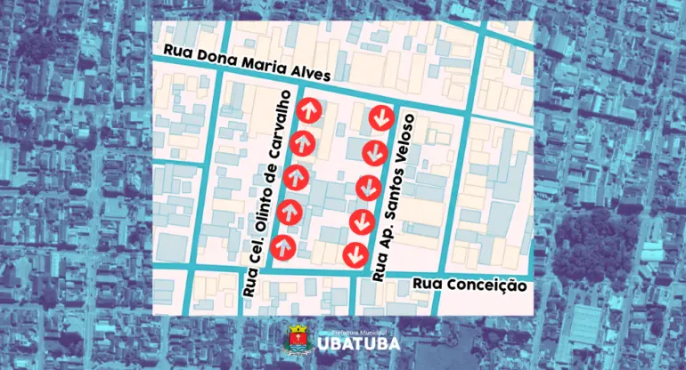 Arte informativa da Prefeitura de Ubatuba sobre a mudança de sentido nas ruas Coronel Olinto de Carvalho e Aparecida Santos Veloso