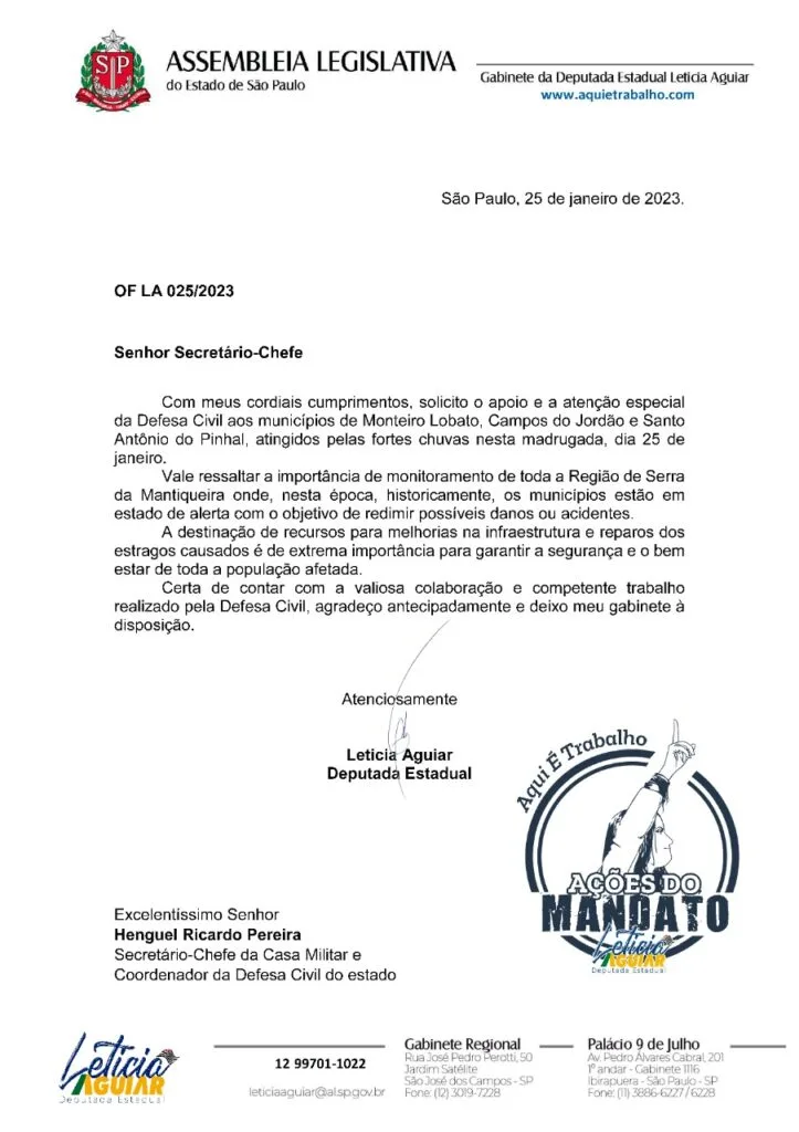 Dep. Leticia Aguiar pede apoio do Governo para Campos do Jordão, Monteiro Lobato e Santo Antônio do Pinhal