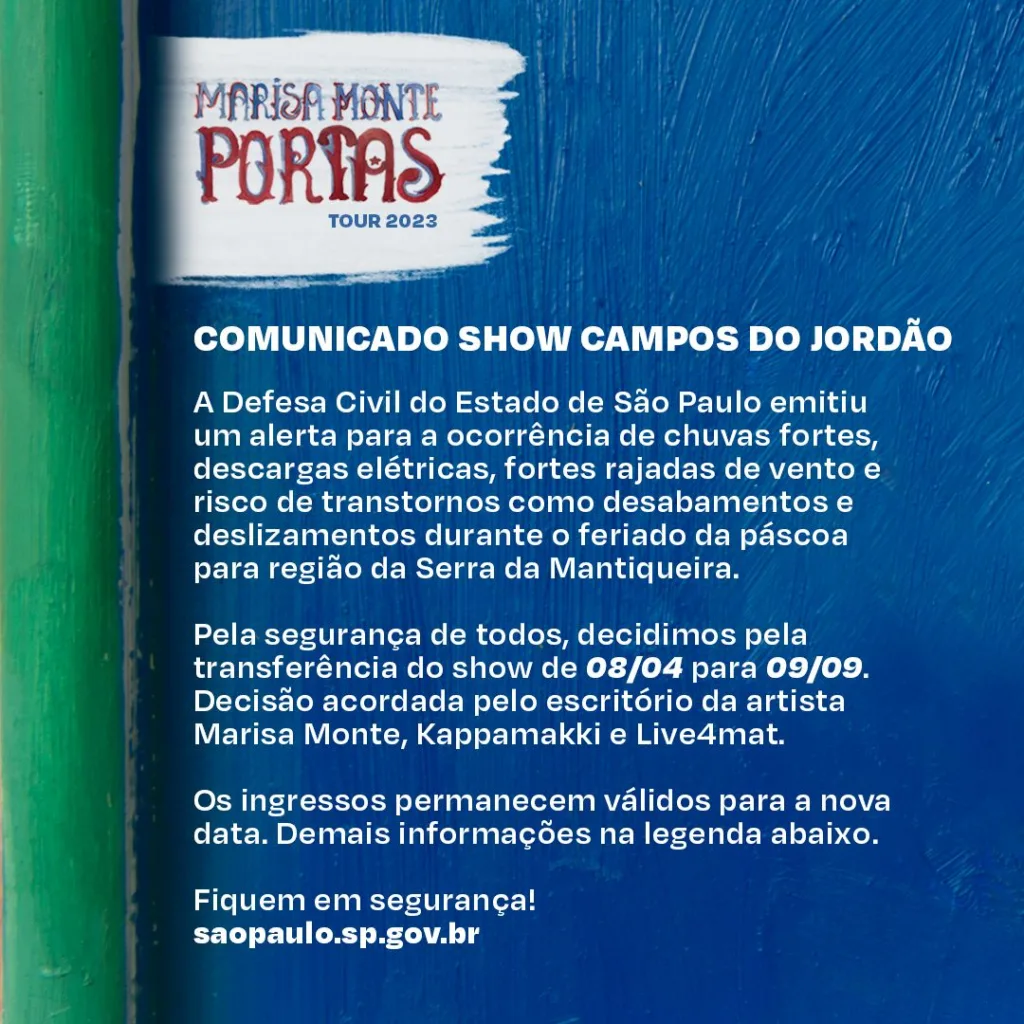 Show da Marisa Monte é Adiado em Campos do Jordão devido a Previsão do Tempo