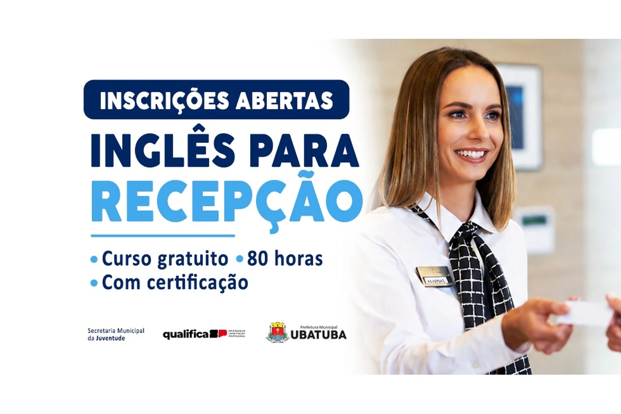 Arte de divulgação do curso gratuito de Inglês para Recepção em Ubatuba, com carga horária de 80 horas e certificação.