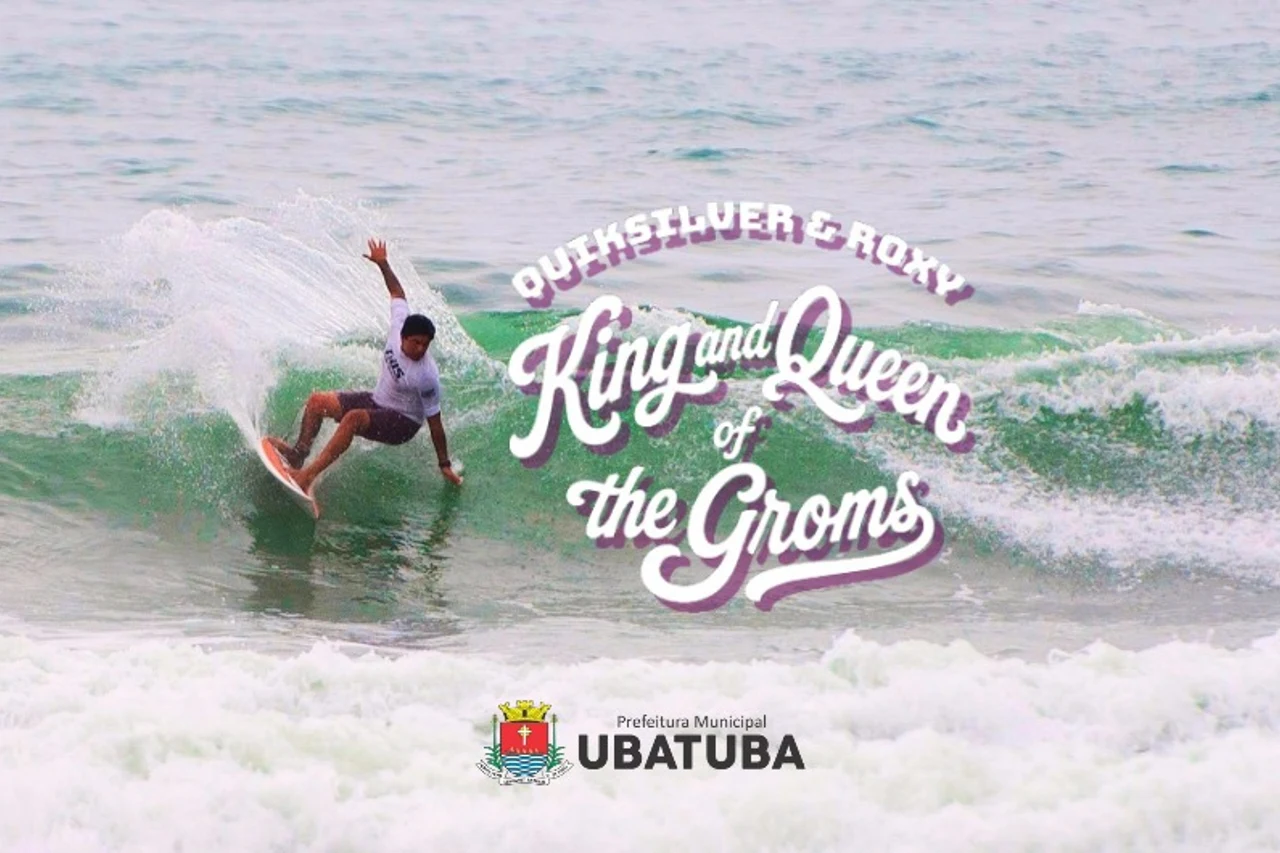 Arte oficial do King and Queen of the Groms, com surfista em uma onda
