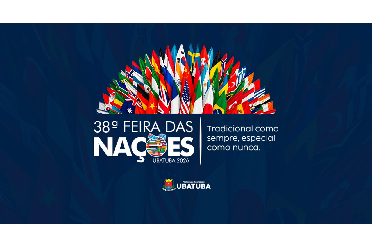 Arte oficial da Feira das Nações de Ubatuba de 2026, com bandeiras de diferentes países.