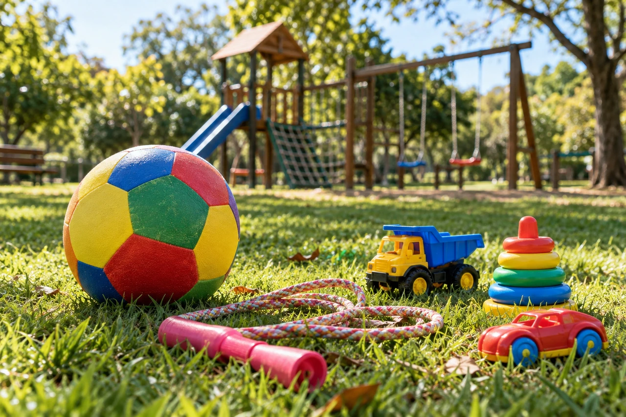 Ilustração gerada por IA de brinquedos em um gramado com playground ao fundo.