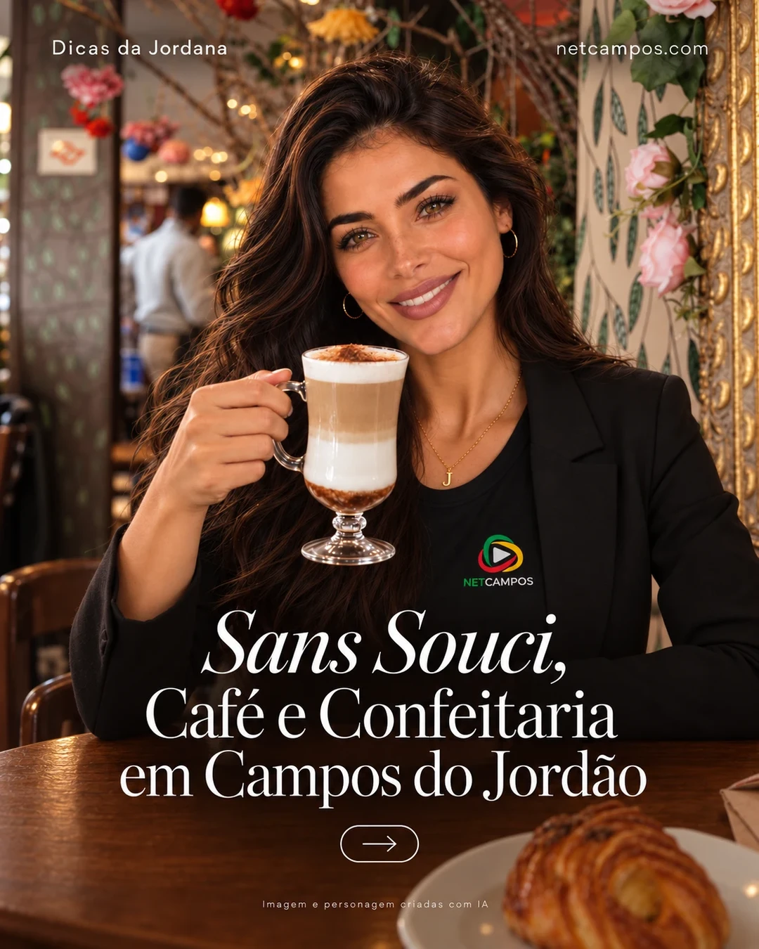 Capa Dicas da Jordana: Sans Souci Café e Confeitaria em Campos do Jordão. Imagem gerada com IA.