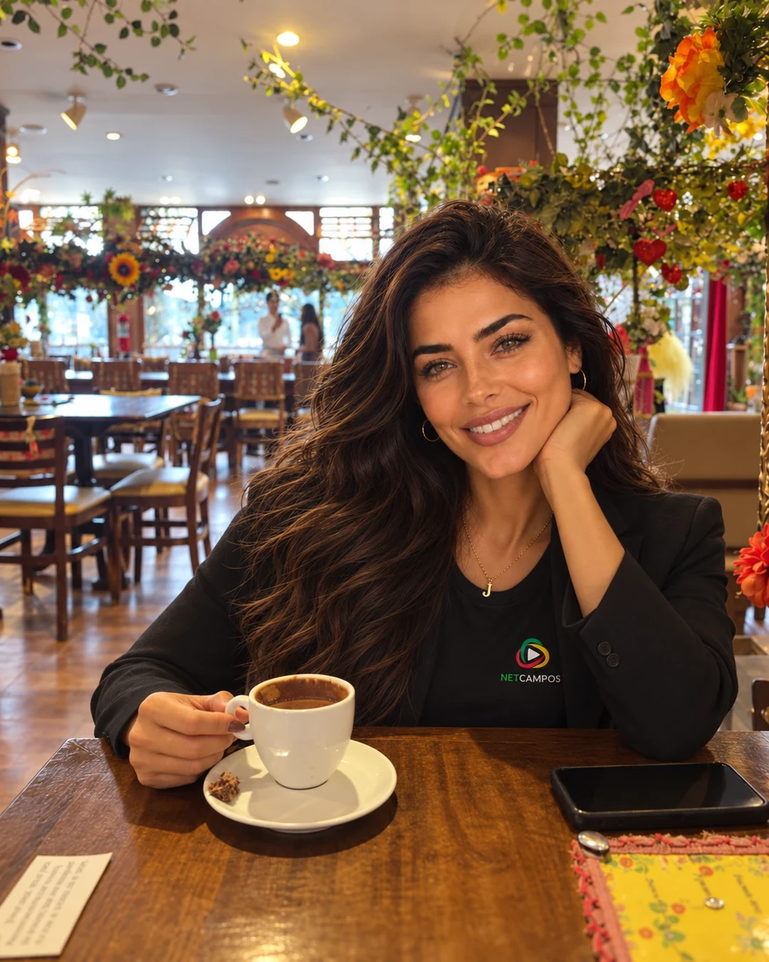Jordana à mesa com xícara de café. Imagem gerada com IA.