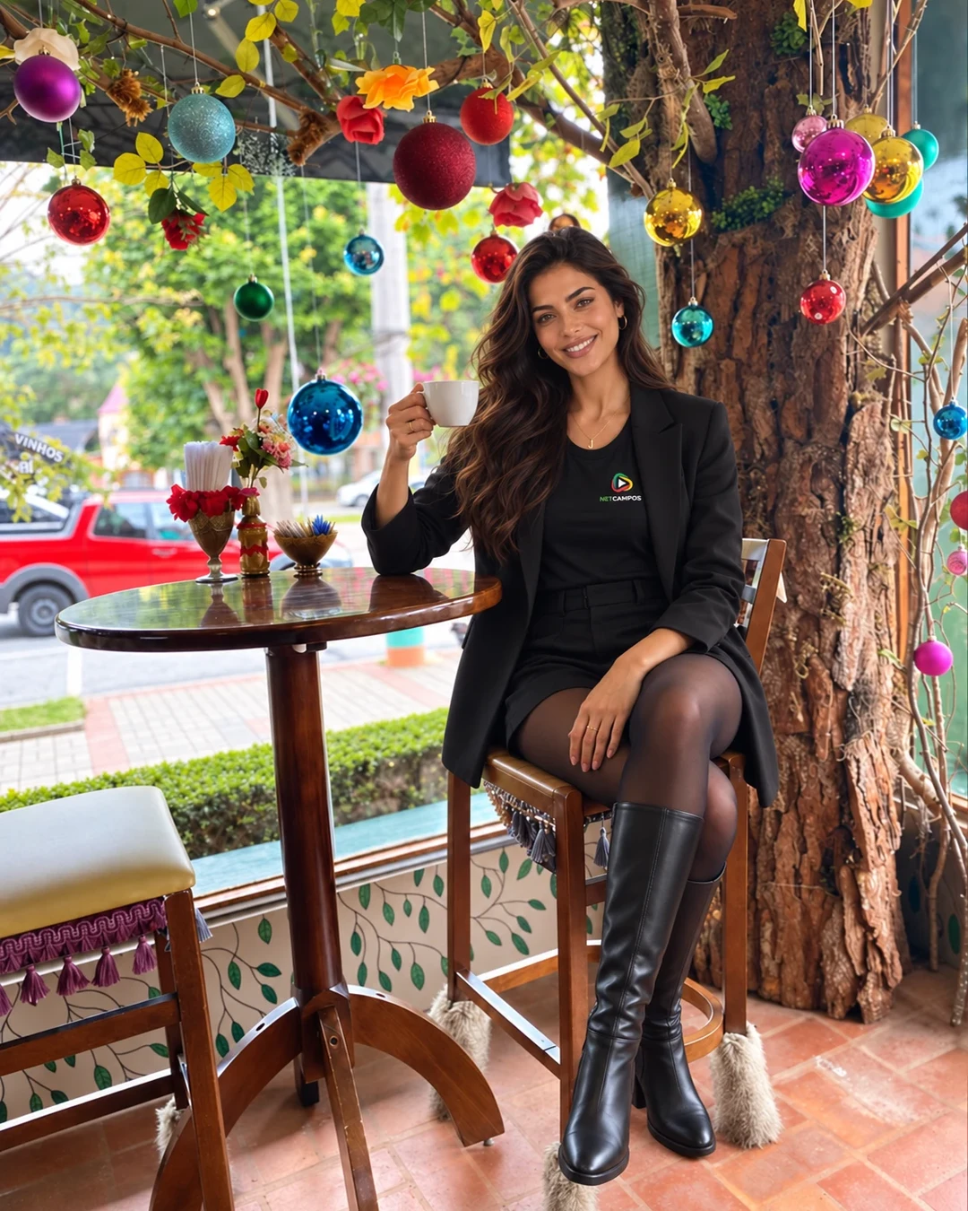 Jordana junto à janela com café. Imagem gerada com IA.
