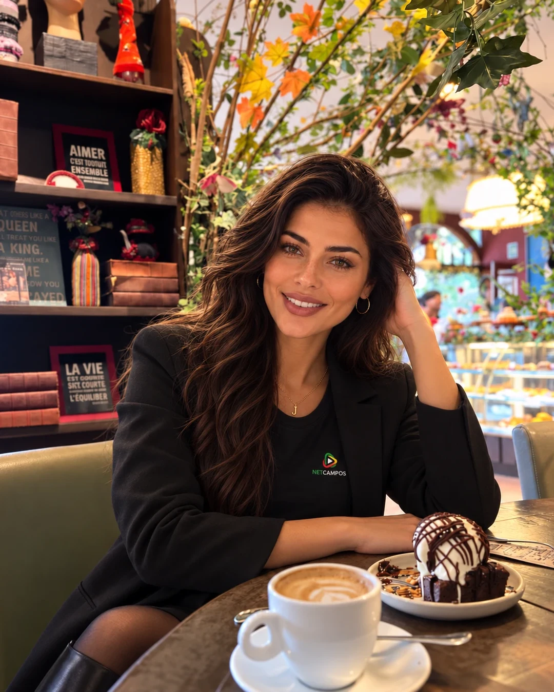 Jordana à mesa com café e sobremesa. Imagem gerada com IA.