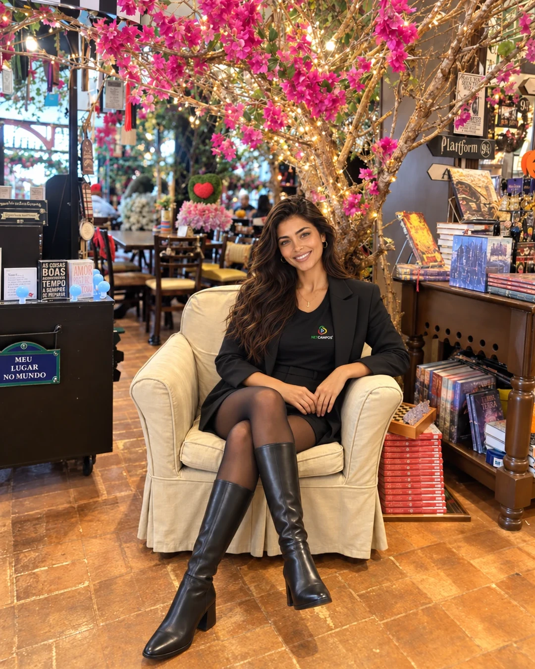 Jordana sentada na poltrona entre flores e livros. Imagem gerada com IA.
