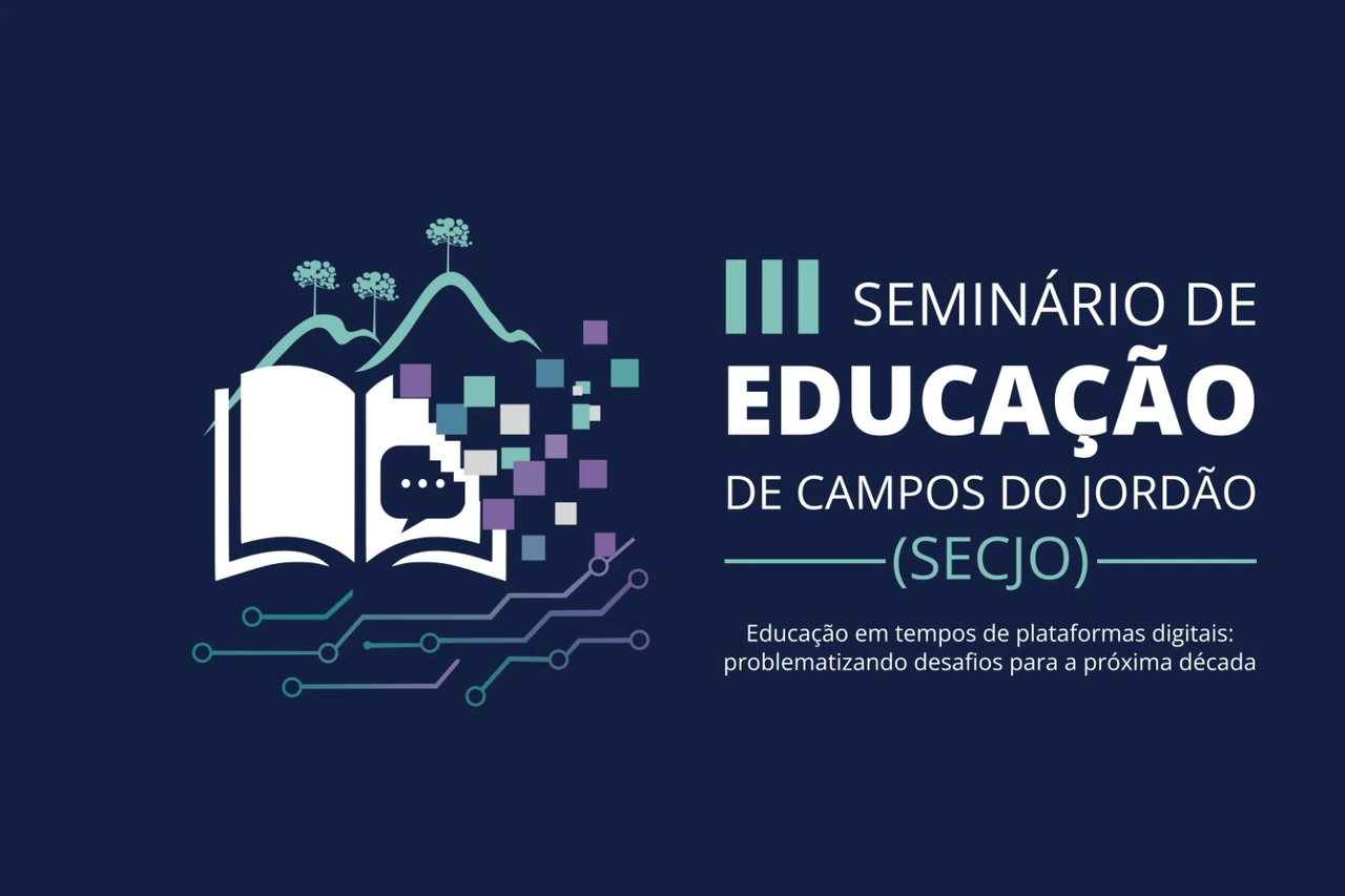 Arte oficial do III Seminário de Educação de Campos do Jordão, com livro, araucárias e elementos digitais.
