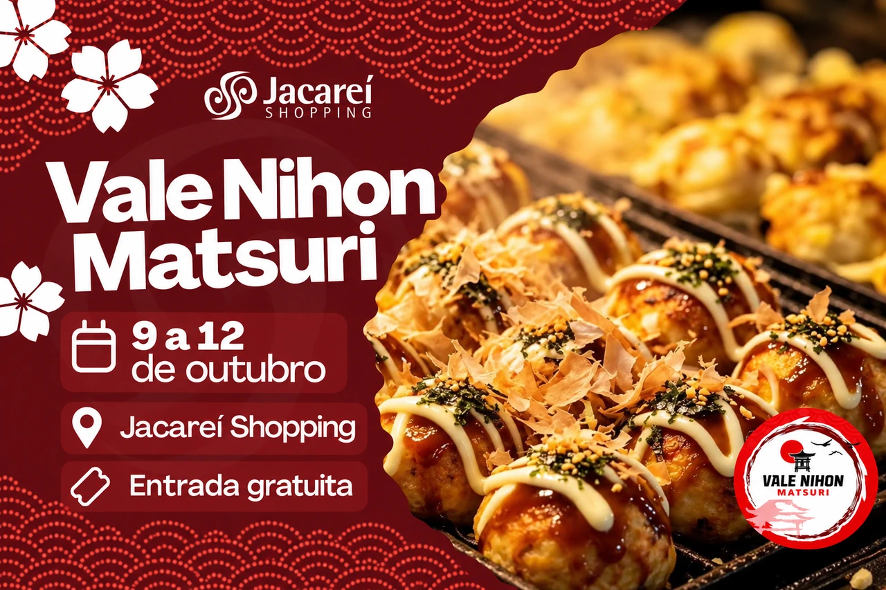 Arte adaptada do Vale Nihon Matsuri com comida japonesa, logotipos e datas de 9 a 12 de outubro.